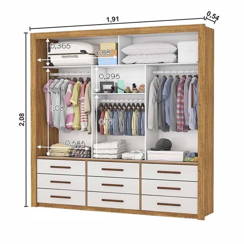 Roupeiro Anjos Cinamomo/Off 3 Portas 9 Gavetas C/ 1 Espelho Larg. 1.91m - Carioca Móveis - Imagem 2