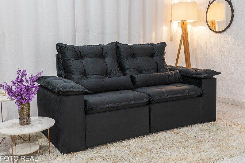 Sofá Retrátil Reclinável Grécia 2.00m Veludo Preto - Sem caixa - Imagem 3