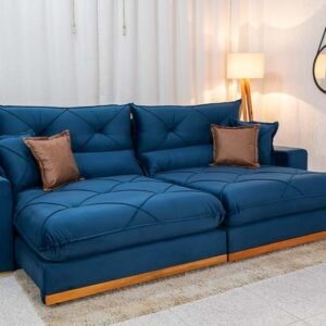 Sofá Retrátil Reclinável Gran Bello 2.90m Veludo Azul - Molas Ensacadas Pocket