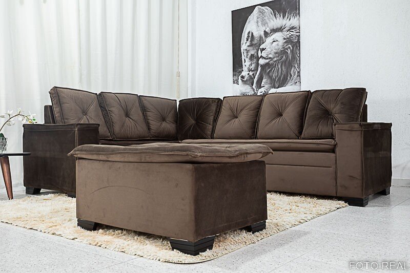 Sofá Canto 5 lugares com Puff Alemanha Veludo Marrom A17 - Imagem 3