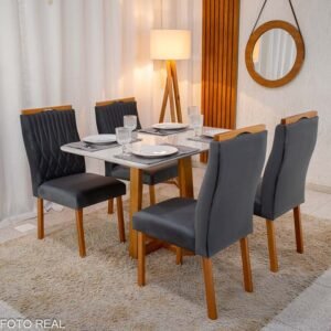 Mesa Pedro Mel Vidro OFF 120×80 4 Cadeiras Genova Veludo Cinza 507 Madeira Maciça Art Assento - Entregue Montada