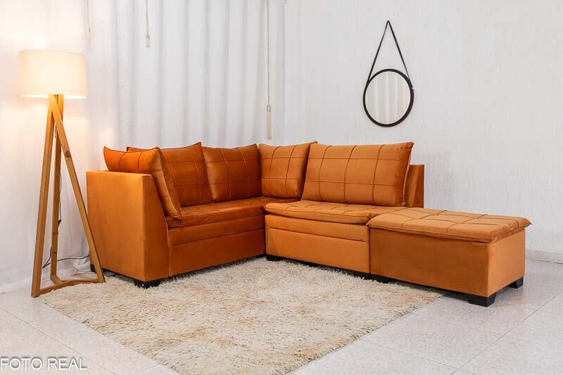Sofá Canto 5 lugares com Puff Viena Veludo Terracota A62 - Imagem 2