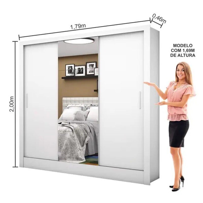 Roupeiro Dubai Branco 3 Portas C/ 1 Espelho Larg. 1.79m - Carioca - Imagem 4