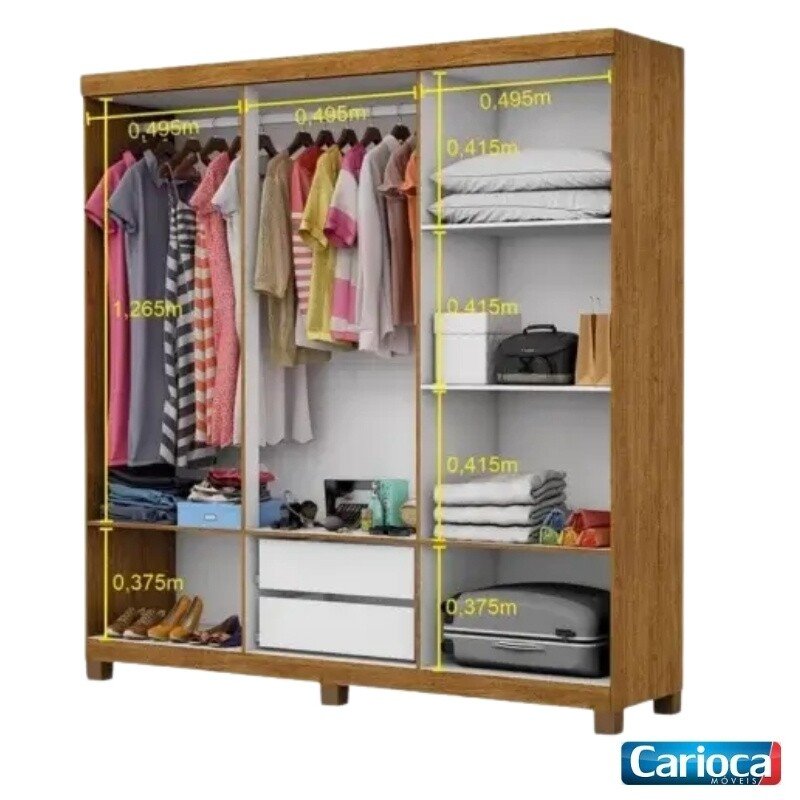 Roupeiro Solteiro Recife Cinamomo/Branco 6 Portas 2 Gavetas C/Pés Larg. 1.53m - Carioca - Imagem 2