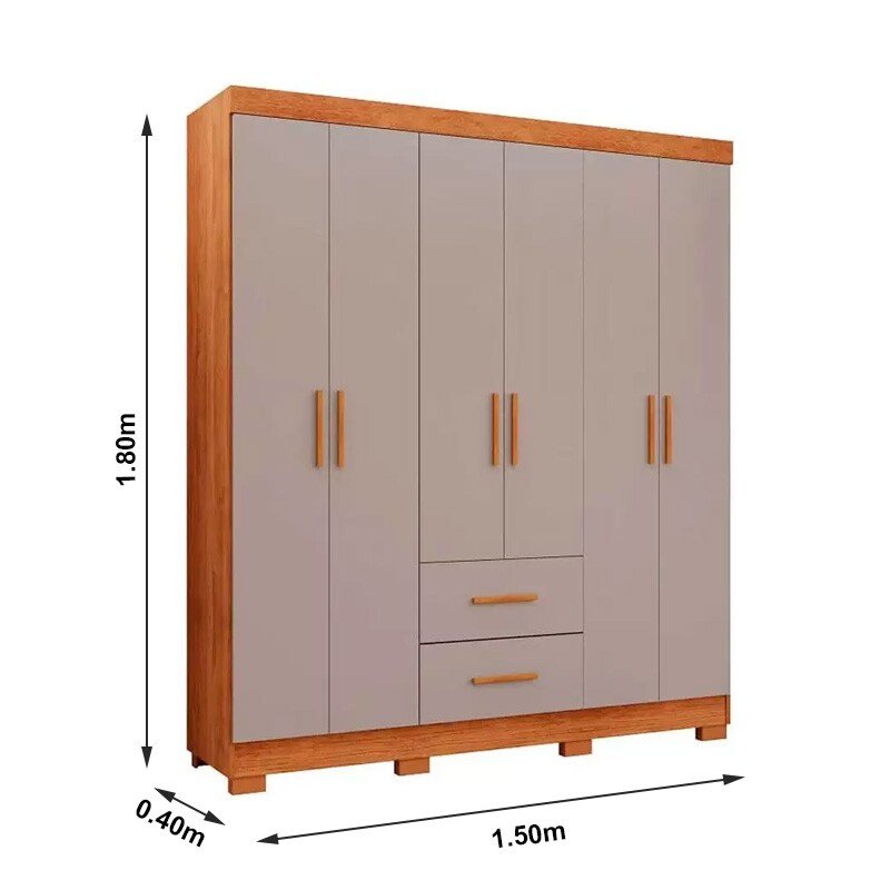 Roupeiro Solteiro Estrela Cinamomo/Off 6 Portas 2 Gavetas C/ Pés Larg. 1.50m - Sallêto - Imagem 3