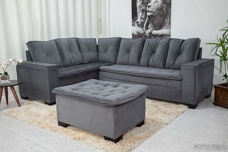 Sofá Canto 5 lugares com Puff Alemanha Veludo Grafite A15 - Imagem 2