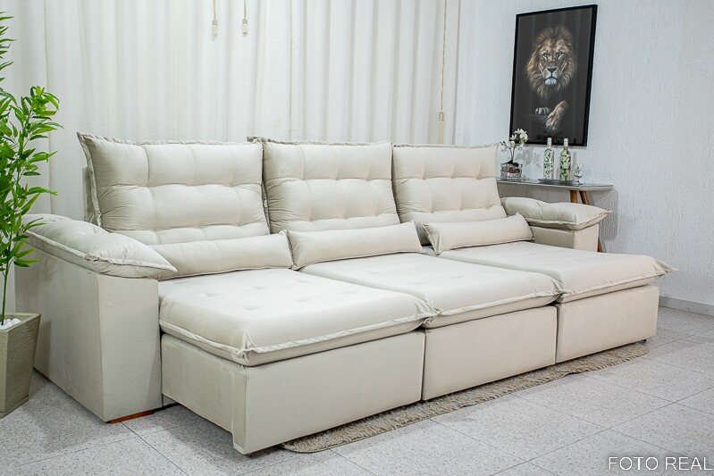 Sofá Retrátil Reclinável Emanuelly 3.20m Veludo Bege 01 - D28 Soft - Imagem 8