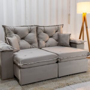 Sofá Retrátil Reclinável Porto Madri 2.00m Veludo Bege - D28 Pró Aditivada