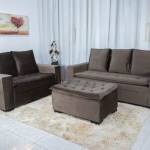 Sofá 3 e 2 lugares França com Puff Veludo Marrom A17