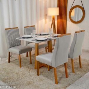 Mesa Pedro Mel Vidro OFF 120×80 4 Cadeiras Genova Veludo Prata 514 Madeira Maciça Art Assento - Entregue Montada