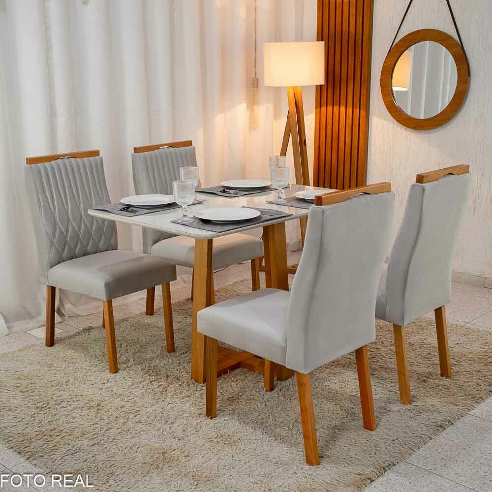Mesa Pedro Mel Vidro OFF 120×80 4 Cadeiras Genova Veludo Prata 514 Madeira Maciça Art Assento - Entregue Montada