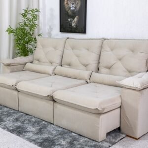 Sofá Retrátil Reclinável Roma 2.70m Veludo Bege 01 - D28 Soft