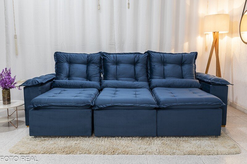 Sofá Retrátil Reclinável Grécia 2.70m Veludo Azul - Sem Caixa - Imagem 4
