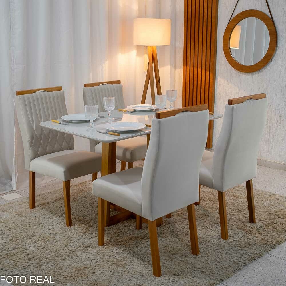 Mesa Pedro Mel Vidro OFF 120×80 4 Cadeiras Genova Veludo Bege 512 Madeira Maciça Art Assento - Entregue Montada - Imagem 3