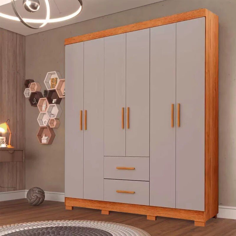 Roupeiro Solteiro Estrela Cinamomo/Off 6 Portas 2 Gavetas C/ Pés Larg. 1.50m - Sallêto