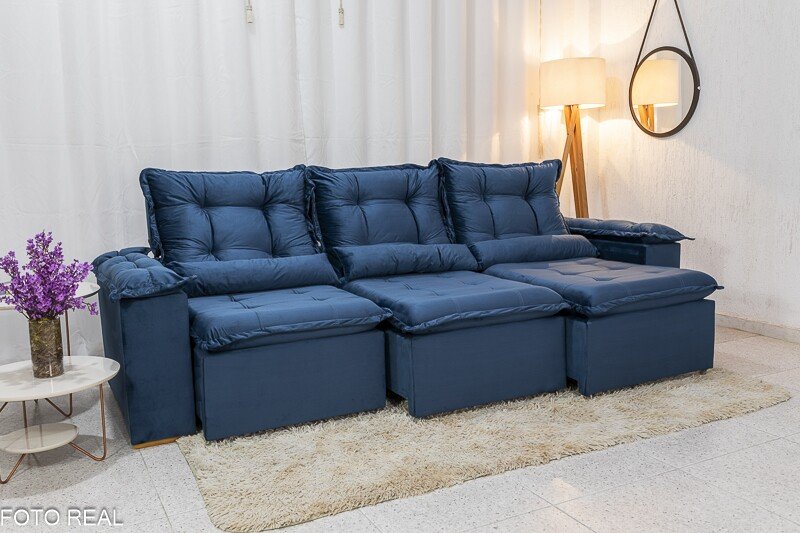 Sofá Retrátil Reclinável Grécia 2.70m Veludo Azul - Sem Caixa - Imagem 2