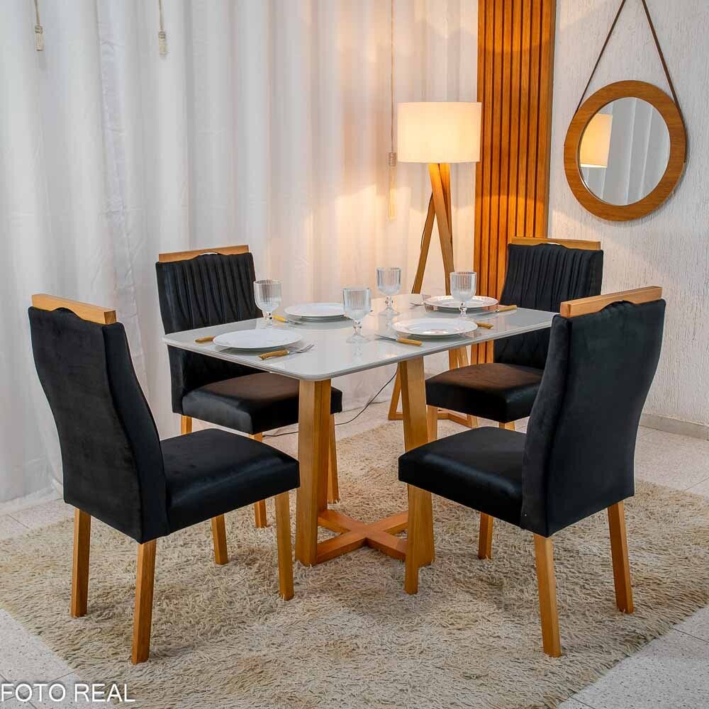 Mesa Pedro Mel Vidro OFF 120×80 4 Cadeiras Genova Veludo Preto 504 Madeira Maciça Art Assento - Entregue Montada - Imagem 2