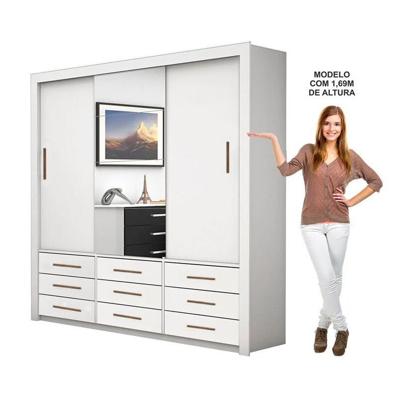 Roupeiro Anjos Branco 3 Portas 9 Gavetas C/ 1 Espelho Larg. 1.91m - Carioca Móveis - Imagem 4