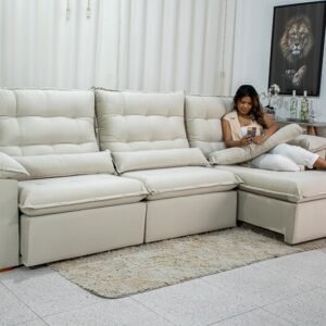 Sofá Retrátil Reclinável Emanuelly 3.20m Veludo Bege 01 - D28 Soft