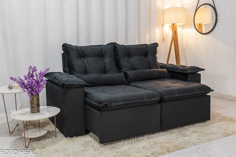 Sofá Retrátil Reclinável Grécia 2.00m Veludo Preto - Sem caixa