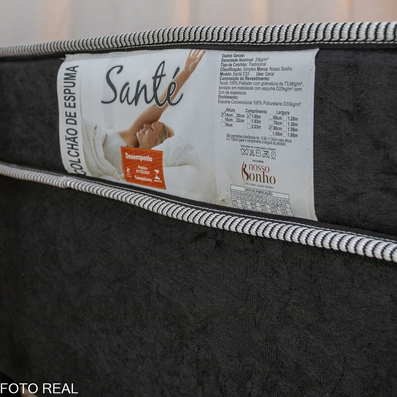 Box Solt. Sued Preto Nosso Sonho + Colchão Solt. Santé 100% Espuma D33 88x188x51 Nosso Sonho | Suporta até 120kg - Imagem 2