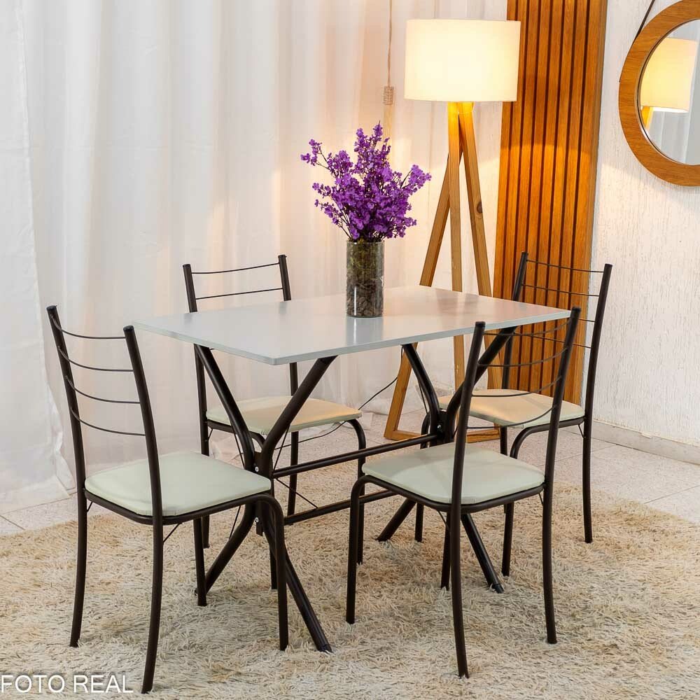 Mesa Rio Base Cabo Frio Marrom Tampo Pedra Off 100x60 4 Cadeiras Assento Creme - Teixeira - Imagem 5