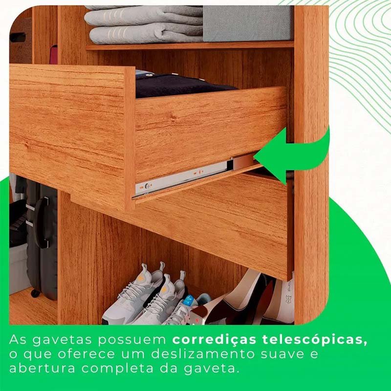 Roupeiro Solteiro Recife Cinamomo/Off 4 Portas 2 Gavetas C/Pés Larg. 1.21m - Sallêto - Imagem 6