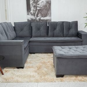 Sofá Canto 5 lugares com Puff Alemanha Veludo Grafite A15