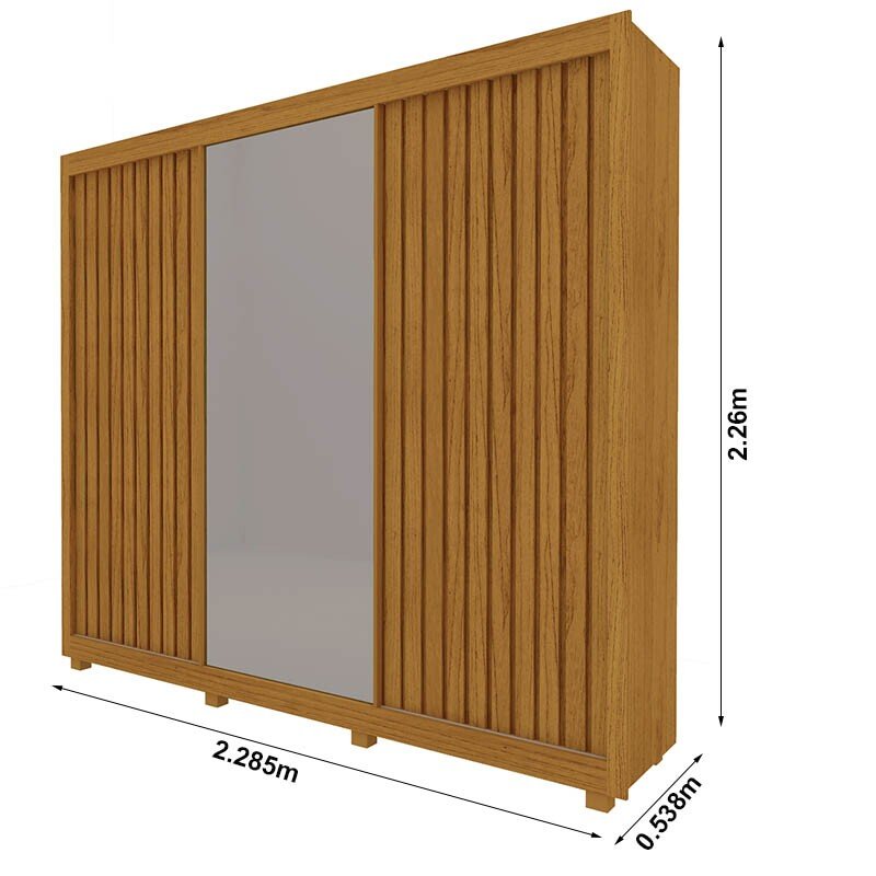 Roupeiro Casal Royale Naturale 3 Portas Ripado C/ 1 Espelho Larg. 2.28m - Gelius - Imagem 3