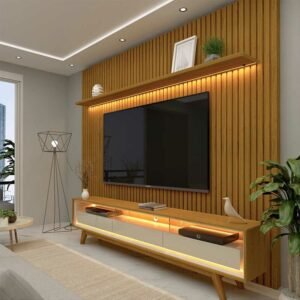Rack Requinte Larg. 2.12m Naturale/off + Painel Nobre Larg. 2.30m Naturale Ripado C/ Led 100% MDF TV até 85" - Gelius