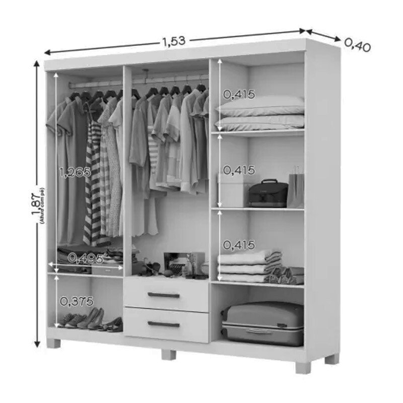 Roupeiro Solteiro Áries Cinamomo/Branco 6 Portas 2 Gavetas C/Pés Larg. 1.53m - Carioca - Imagem 2