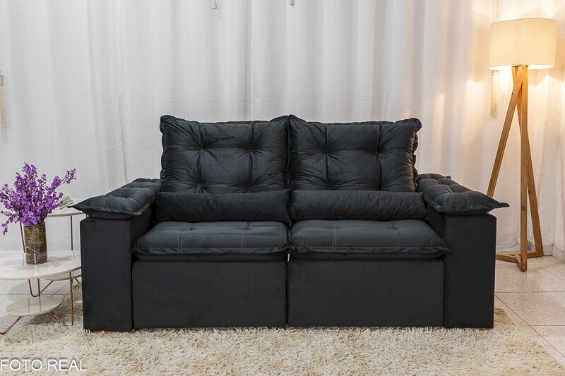Sofá Retrátil Reclinável Grécia 2.00m Veludo Preto - Sem caixa - Imagem 5