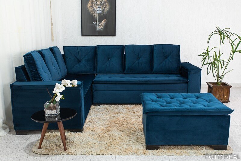 Sofá Canto 5 lugares com Puff Alemanha Veludo Azul A16 - Imagem 2