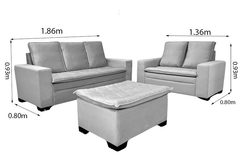 Sofá 3 e 2 lugares França com Puff Veludo Bege A32 Larg. 1.86m - Imagem 8