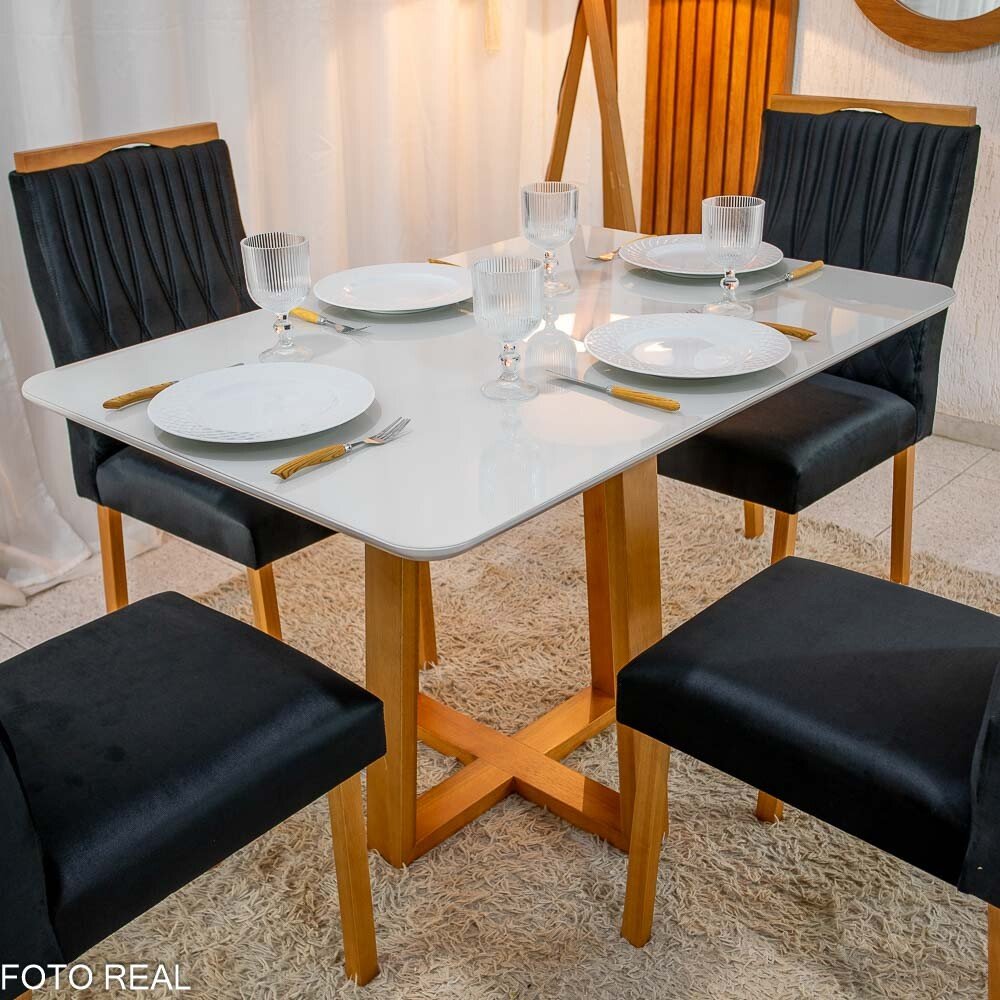 Mesa Pedro Mel Vidro OFF 120×80 4 Cadeiras Genova Veludo Preto 504 Madeira Maciça Art Assento - Entregue Montada - Imagem 3