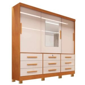 Roupeiro Casal Athenas Nature/Off 3 Portas 9 Gavetas C/ Espelho e Pés 100% MDF Larg. 1.80m - Bianchi