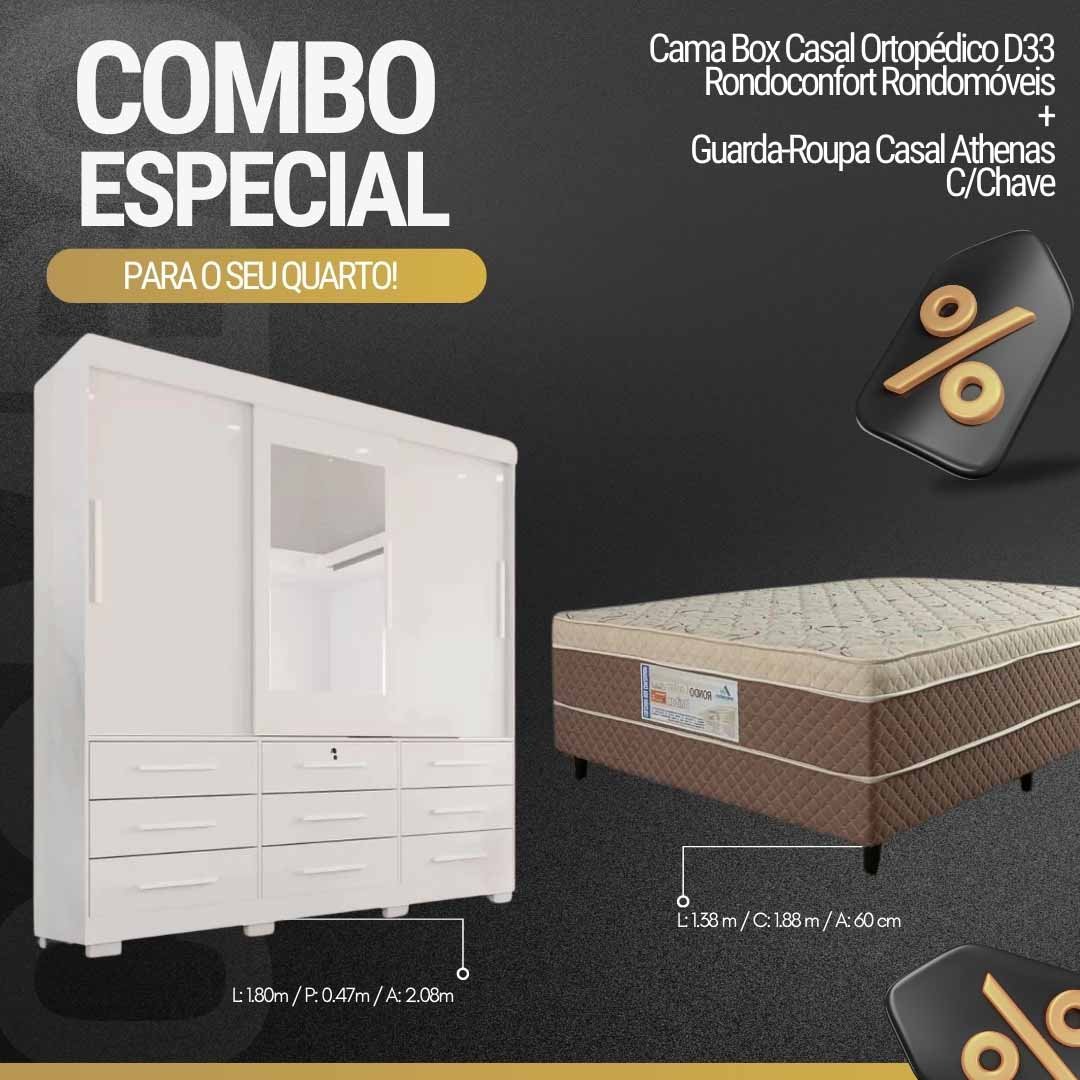 Roupeiro Athenas C/Espelho 3 Pts. 9 Gav. Branco Larg. 1.80m C/Pés Bianchi + Cama Box Casal Ortopédico D33 Rondoconfort Rondomóveis