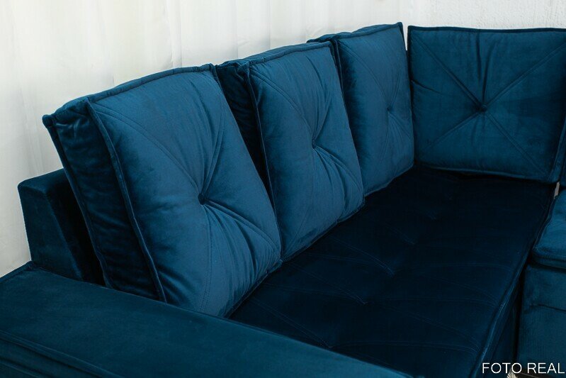 Sofá Canto 5 lugares com Puff Alemanha Veludo Azul A16 - Imagem 6