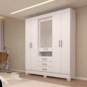 Roupeiro Débora Branco 6 Portas C/ Espelho e Pés 100% MDF Larg. 1.78m - ACP