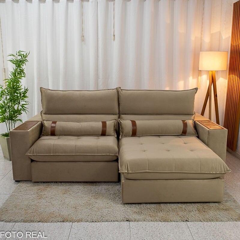 Sofá Retrátil Reclinável Ravello 2.50m Veludo Bege 3040/04 - Espuma D33 - Imagem 5