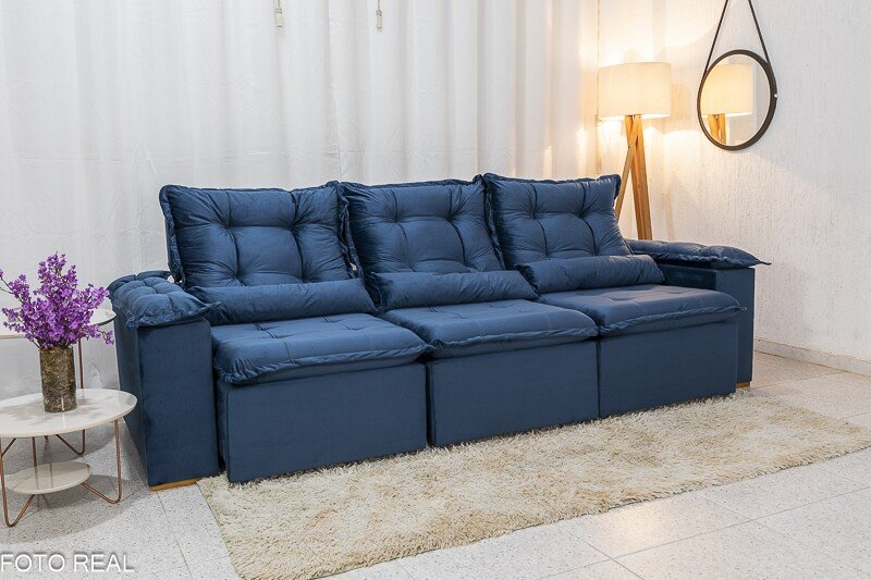 Sofá Retrátil Reclinável Grécia 2.70m Veludo Azul - Sem Caixa - Imagem 3
