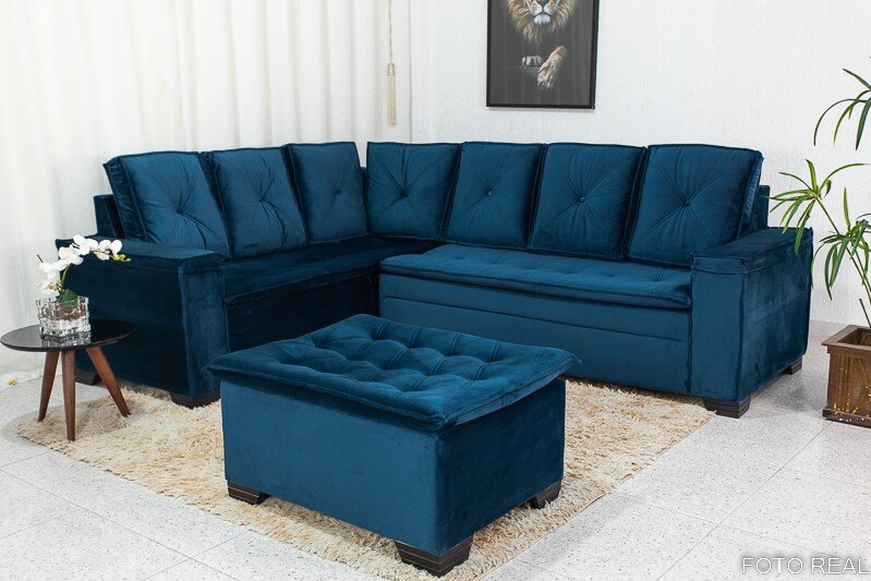 Sofá Canto 5 lugares com Puff Alemanha Veludo Azul A16 - Imagem 3