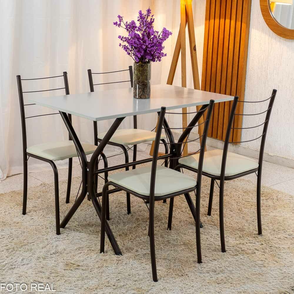 Mesa Rio Base Cabo Frio Marrom Tampo Pedra Off 100x60 4 Cadeiras Assento Creme - Teixeira - Imagem 2