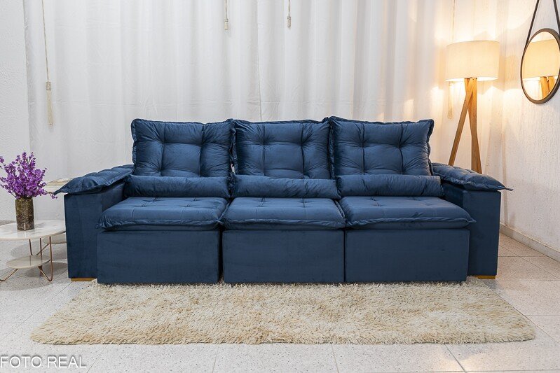 Sofá Retrátil Reclinável Grécia 2.70m Veludo Azul - Sem Caixa - Imagem 5