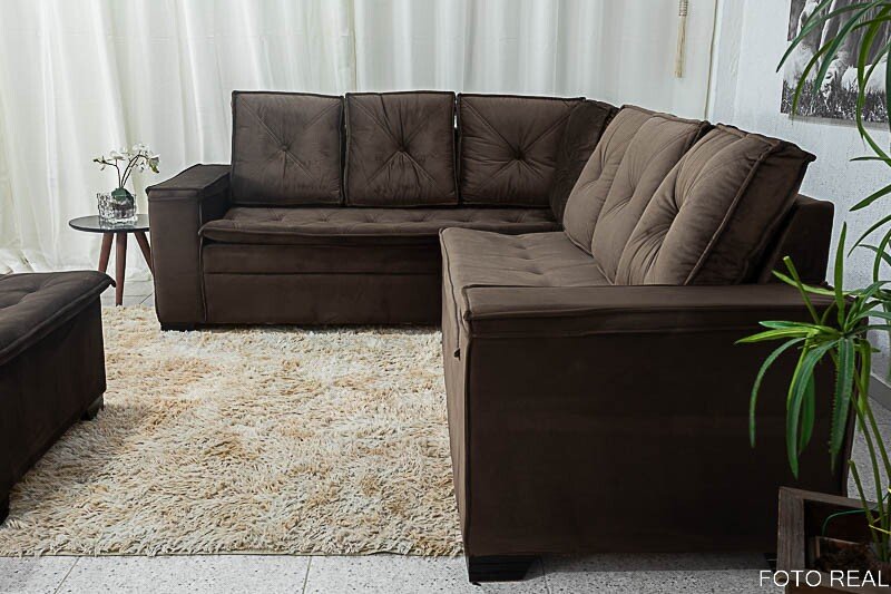 Sofá Canto 5 lugares com Puff Alemanha Veludo Marrom A17 - Imagem 5