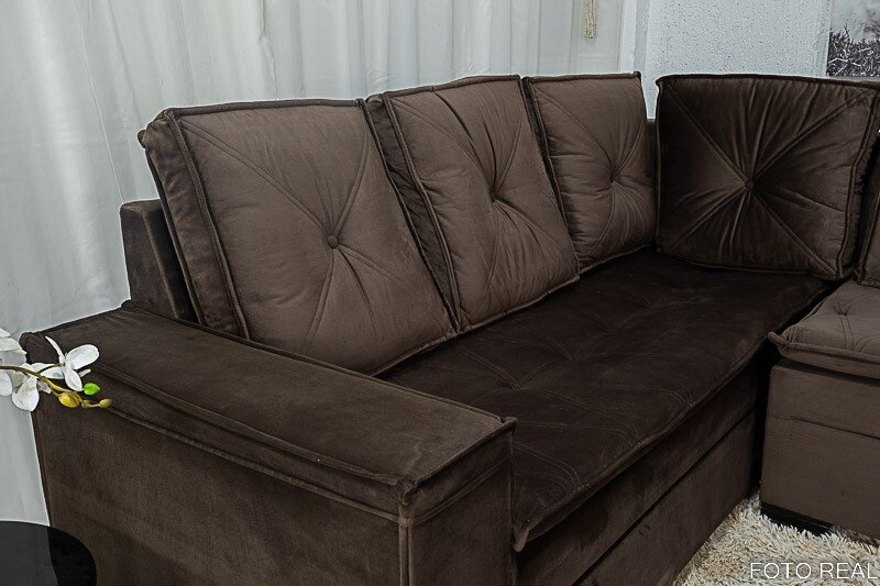 Sofá Canto 5 lugares com Puff Alemanha Veludo Marrom A17 - Imagem 4