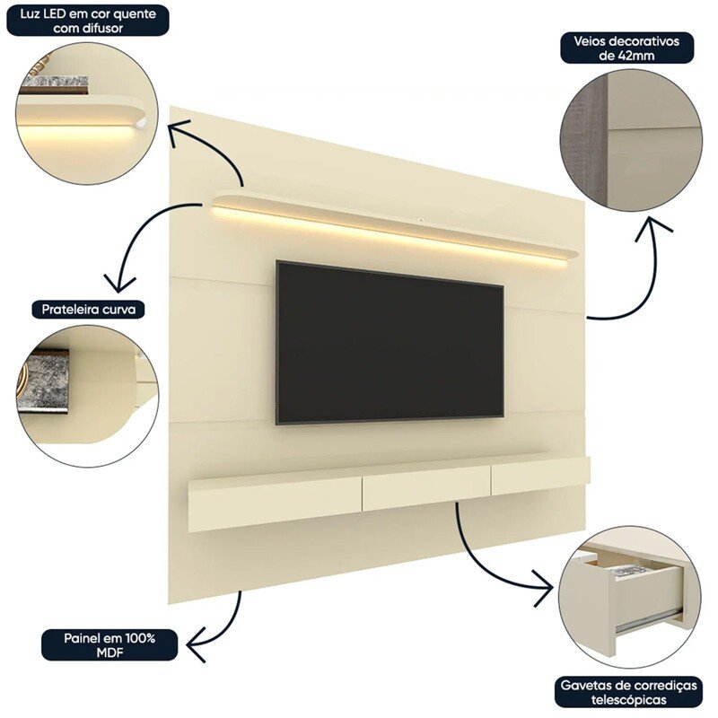 Home Royal Larg. 2.19m C/Led Off e Nicho 100% MDF para TV até 85" - Gelius - Imagem 4