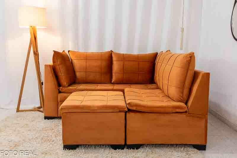 Sofá Canto 5 lugares com Puff Viena Veludo Terracota A62 - Imagem 6