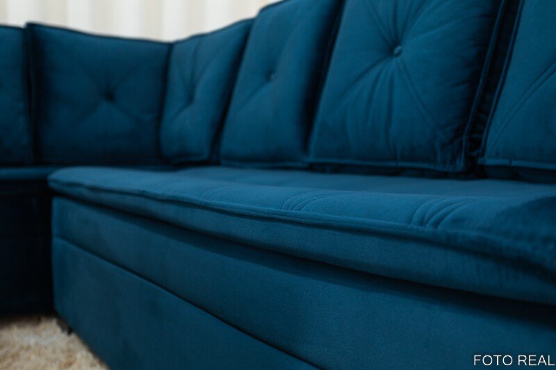 Sofá Canto 5 lugares com Puff Alemanha Veludo Azul A16 - Imagem 7