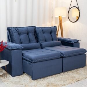 Sofá Retrátil Reclinável Grécia 2.00m Veludo Azul - Sem caixa
